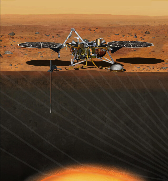 Illustrasjon av InSight på overflaten av Mars. Romsonden skal karlegge undergrunnen med to instrumenter. Et seismometer vil registrere ekko av fjerne mars-skjelv. En probe skal også bores tre til fem meter ned i bakken, og vil måle varmegjennomstrømningen. (Foto: (Illustrasjon: NASA/JPL-Caltech)) Illustrasjon av InSight på overflaten av Mars. Romsonden skal karlegge undergrunnen med to instrumenter. Et seismometer vil registrere ekko av fjerne mars-skjelv. En probe skal også bores tre til fem meter ned i bakken, og vil måle varmegjennomstrømningen. (Foto: (Illustrasjon: NASA/JPL-Caltech))