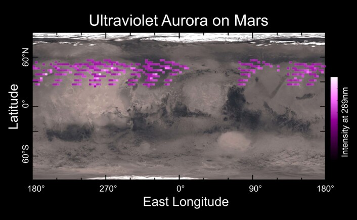 Et kart over hvor MAVENs ultrafiolette spektrograf har observert polarlys på Mars i desember 2014, i en periode på fem jorddøgn. (Foto: (Bilde: University of Colorado)) Et kart over hvor MAVENs ultrafiolette spektrograf har observert polarlys på Mars i desember 2014, i en periode på fem jorddøgn. (Foto: (Bilde: University of Colorado))
