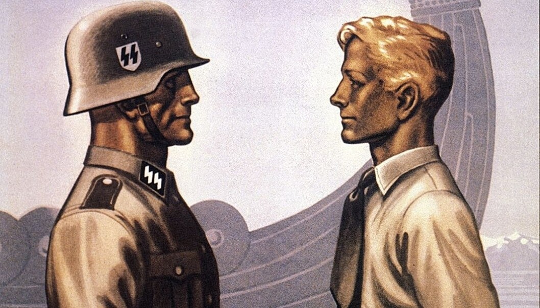Adolf Hitlers egen militærorganisasjon SS vervet om lag 4500 unge norske menn til tjeneste for Nazi-Tyskland på Østfronten mot Sovjetunionen. Nesten 900 av dem døde, og mange fikk vanskelige skjebner etterpå. Mye av dette ble ikke snakket om etter krigen. Nå har for første gang en profesjonell historiker gransket tanker og holdninger hos nordmenn som gikk i tysk krigstjeneste. (Illustrasjon fra en tysk verveplakat) Adolf Hitlers egen militærorganisasjon SS vervet om lag 4500 unge norske menn til tjeneste for Nazi-Tyskland på Østfronten mot Sovjetunionen. Nesten 900 av dem døde, og mange fikk vanskelige skjebner etterpå. Mye av dette ble ikke snakket om etter krigen. Nå har for første gang en profesjonell historiker gransket tanker og holdninger hos nordmenn som gikk i tysk krigstjeneste. (Illustrasjon fra en tysk verveplakat)
