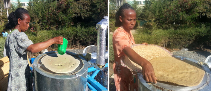 Baking av injera på solovn med varmelagring. (Foto: Asfafaw Tesfay, Ethiopia Institute of Technology Mekelle) Baking av injera på solovn med varmelagring. (Foto: Asfafaw Tesfay, Ethiopia Institute of Technology Mekelle)