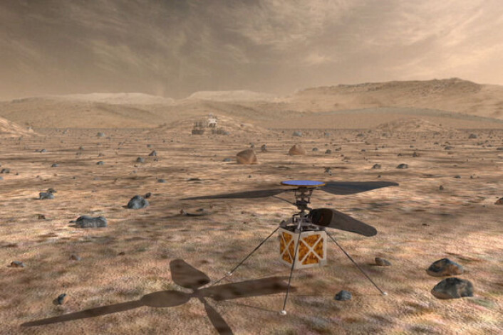 NASA utvikler et robothelikopter som kan speide over terrenget der framtidige ubemannede marskjøretøy skal navigere. (Foto: (Illustrasjon: NASA/JPL)) NASA utvikler et robothelikopter som kan speide over terrenget der framtidige ubemannede marskjøretøy skal navigere. (Foto: (Illustrasjon: NASA/JPL))