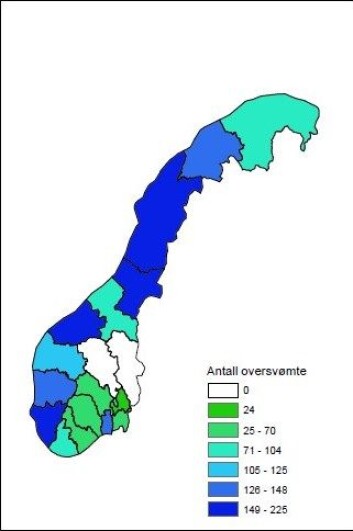 Oversikt over oversvømte nettstasjoner fordelt på fylke i år 2100. (Foto: (Figur:CMRo/NVE, basert på tall fra Bjerknessenteret)) Oversikt over oversvømte nettstasjoner fordelt på fylke i år 2100. (Foto: (Figur:CMRo/NVE, basert på tall fra Bjerknessenteret))