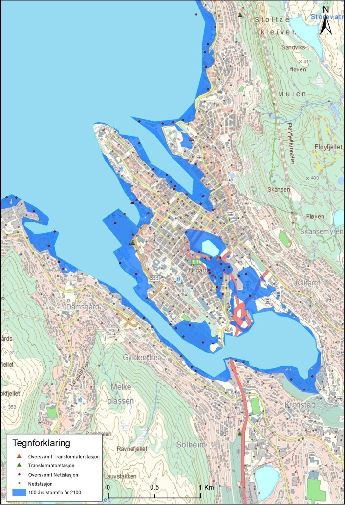 Oversikt over utsatte installasjoner i Bergen sentrum. (Foto: (Figur:CMRo/NVE, basert på tall fra Bjerknessenteret)) Oversikt over utsatte installasjoner i Bergen sentrum. (Foto: (Figur:CMRo/NVE, basert på tall fra Bjerknessenteret))