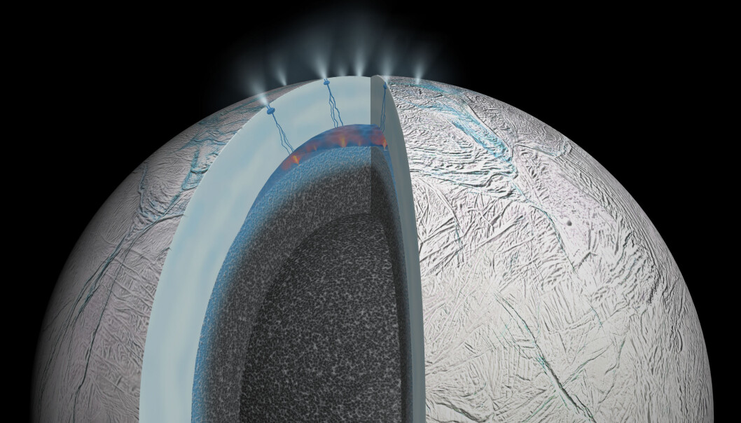 Havet under isen på Enceladus, slik en kunstner ser det for seg. Isen er mellom 40 og 50 kilometer tykk. (Illustrasjon: NASA/JPL-Caltech) Havet under isen på Enceladus, slik en kunstner ser det for seg. Isen er mellom 40 og 50 kilometer tykk. (Illustrasjon: NASA/JPL-Caltech)