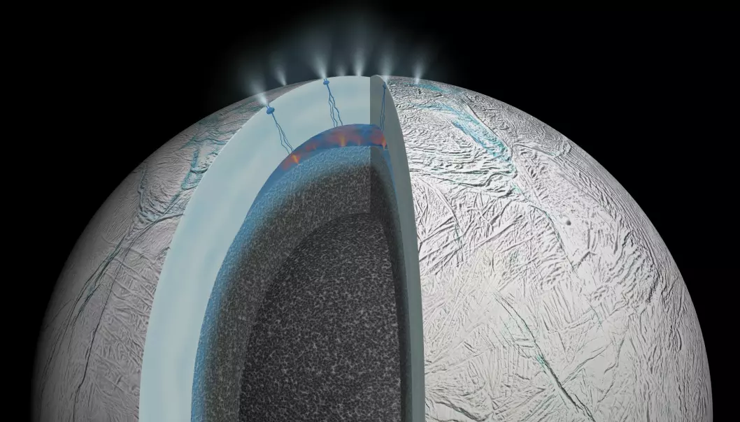 Havet under isen på Enceladus, slik en kunstner ser det for seg. Isen er mellom 40 og 50 kilometer tykk. (Illustrasjon: NASA/JPL-Caltech)