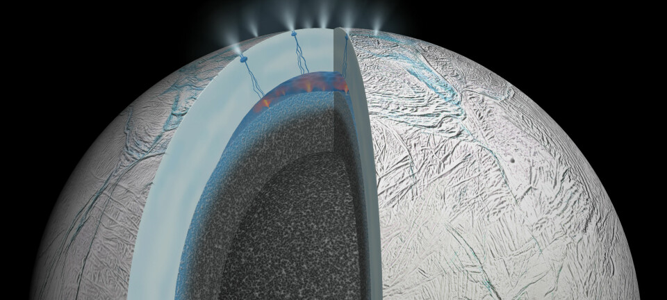 Havet under isen på Enceladus, slik en kunstner ser det for seg. Isen er mellom 40 og 50 kilometer tykk. (Illustrasjon: NASA/JPL-Caltech)