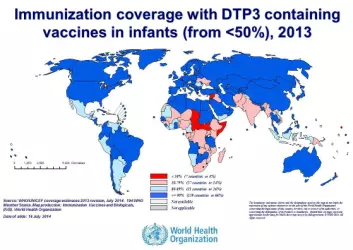 Det er mange barn i verden som får vaksine mot difteri. Men manglende vaksiner er fortsatt et problem flere steder. I landene markert med rødt og rosa er færre enn 80 prosent av barna vaksinert. (Foto: (Illustrasjon: Verdens helseorganisasjon WHO))