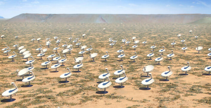 Parabolene vil stå i en fem kilometers kjerneklynge i halvørkenen Karoo. (Foto: (Illustrasjon: SKA Organisation/Swinburne Astronomy Productions)) Parabolene vil stå i en fem kilometers kjerneklynge i halvørkenen Karoo. (Foto: (Illustrasjon: SKA Organisation/Swinburne Astronomy Productions))