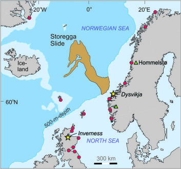 Kartet viser Storegga-raset og effekten av den påfølgende tsunamien. Bølgene inn mot kysten på Vestlandet var opp mot ti og elleve meter høye. (Foto: (Illustrasjon: HiSF)) Kartet viser Storegga-raset og effekten av den påfølgende tsunamien. Bølgene inn mot kysten på Vestlandet var opp mot ti og elleve meter høye. (Foto: (Illustrasjon: HiSF))