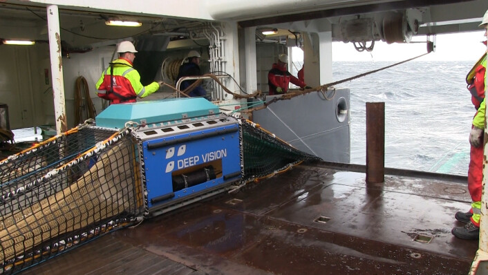 Trålen leder fisken gjennom boksen, der den blir avbildet. Bak boksen er trålposen hvor fangsten blir samlet opp, men posen kan også være åpen så fisken svømmer rett gjennom. (Foto: Lasse Biørnstad) Trålen leder fisken gjennom boksen, der den blir avbildet. Bak boksen er trålposen hvor fangsten blir samlet opp, men posen kan også være åpen så fisken svømmer rett gjennom. (Foto: Lasse Biørnstad)