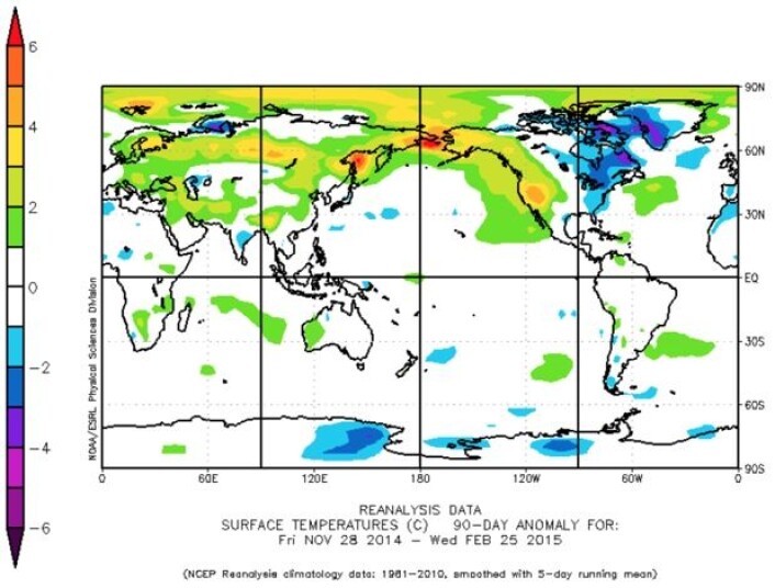 Vinteren 2015, sånn cirka. Figuren viser temperatur-avviket (fra normalperioden 1981-2010) for 90-dagers perioden 28 nov - 25 feb. (Bilde: NOAA) Vinteren 2015, sånn cirka. Figuren viser temperatur-avviket (fra normalperioden 1981-2010) for 90-dagers perioden 28 nov - 25 feb. (Bilde: NOAA)
