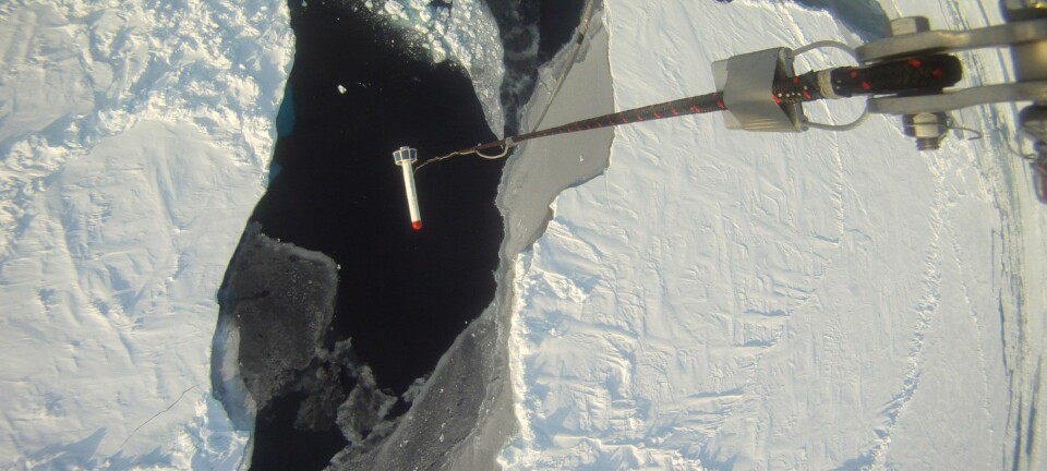 Tykkelsen på isen blir målt av et instrument som henger under helikopteret mens det flyr i lav høyde. (Foto: Sebastian Gerland, Norsk Polarinstitutt)