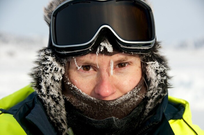Mari-Ann Moen har deltatt på forskningstokt like nord for Svalbard, der hun samlet data for karakterisering av sjøis. (Foto: Angelika Renner) Mari-Ann Moen har deltatt på forskningstokt like nord for Svalbard, der hun samlet data for karakterisering av sjøis. (Foto: Angelika Renner)
