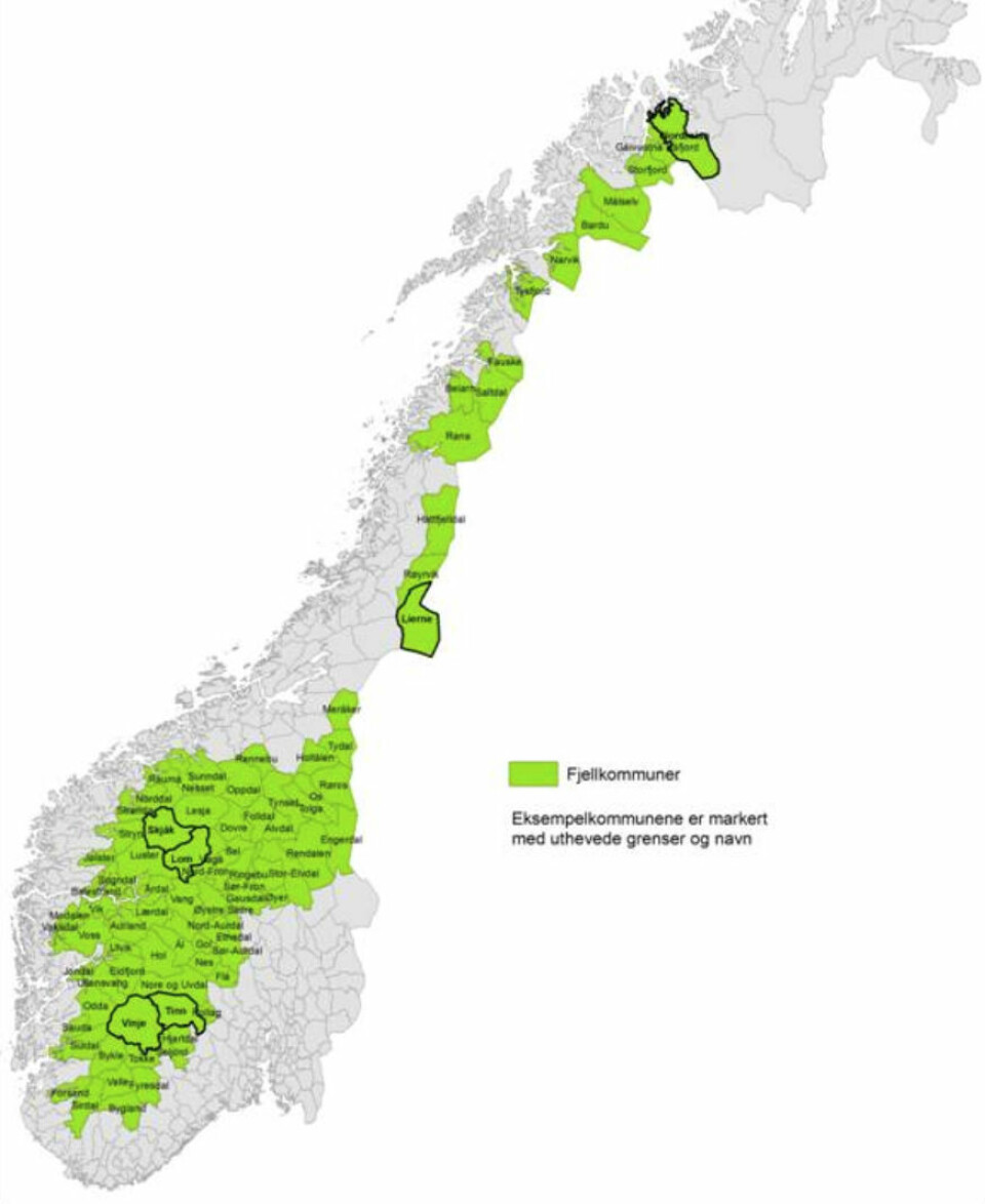 Fjellkommunene dekker 40 prosent av Norges areal. Det er her mest av landet er vernet. (Foto: (Illustrasjon: Kart fra forskningsprosjektet))