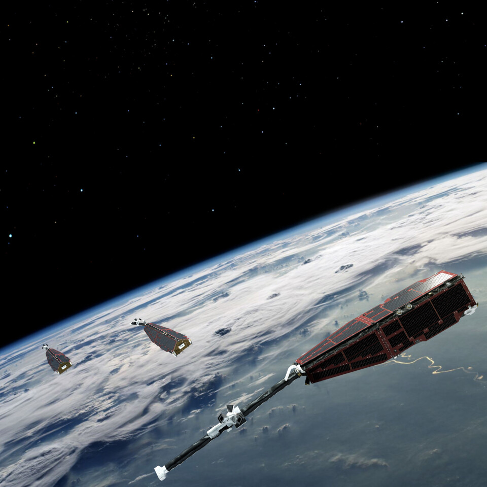 Swarm-satellittene undersøker jordas magnetfelt og planetens indre. (Foto: ESA)