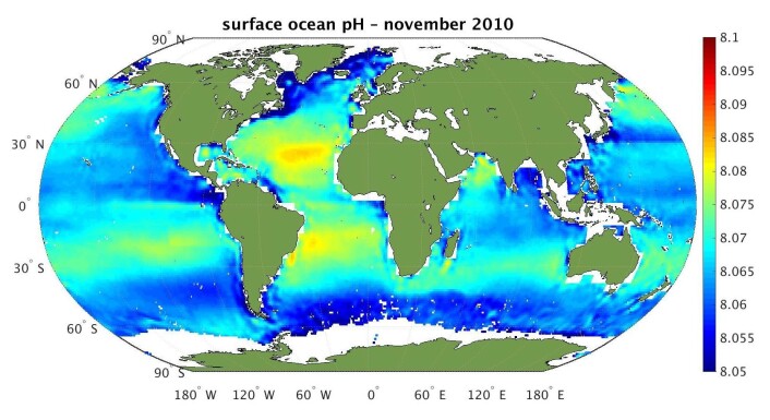 Kart over pH i overflaten på havet over hele verden i november 2010. (Foto: ESA/R. Sabia) Kart over pH i overflaten på havet over hele verden i november 2010. (Foto: ESA/R. Sabia)