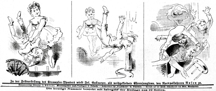 På denne vitsetegningen kaster en muskuløs Josefine Gallmeyer "roser" (dvs. hennes meddirektør Julius Rosen) til polfarerne Karl Weyprecht og Julius Payer. Fra Der Floh, 26.9.1874. Tegner ukjent. Kilde: ANNO / Österreichische Nationalbibliothek. På denne vitsetegningen kaster en muskuløs Josefine Gallmeyer "roser" (dvs. hennes meddirektør Julius Rosen) til polfarerne Karl Weyprecht og Julius Payer. Fra Der Floh, 26.9.1874. Tegner ukjent. Kilde: ANNO / Österreichische Nationalbibliothek.