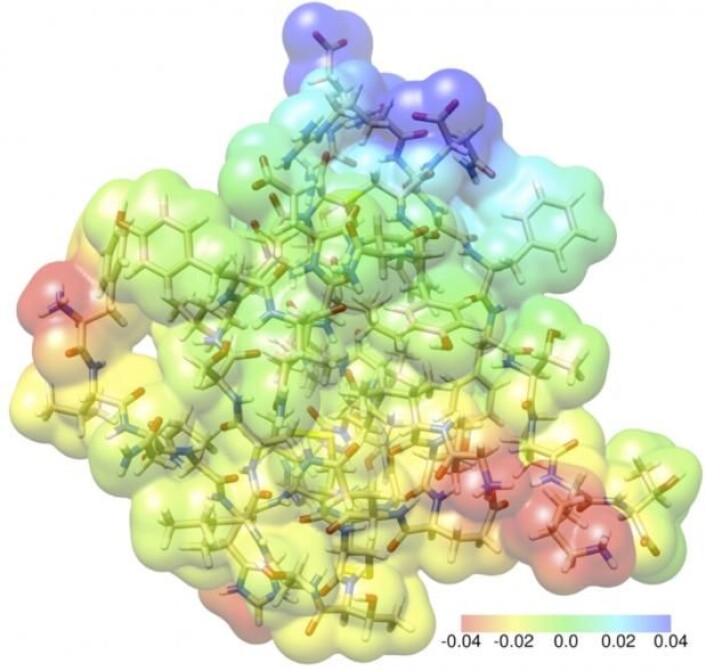 Simen Reine har sammen med Aarhus Universitet beregnet spenningene mellom elektronene og atomene i et insulinmolekyl. Et insulinmolekyl består av 782 atomer og 3500 elektroner. (Foto: (Illustration: Simen Reine-UiO)) Simen Reine har sammen med Aarhus Universitet beregnet spenningene mellom elektronene og atomene i et insulinmolekyl. Et insulinmolekyl består av 782 atomer og 3500 elektroner. (Foto: (Illustration: Simen Reine-UiO))