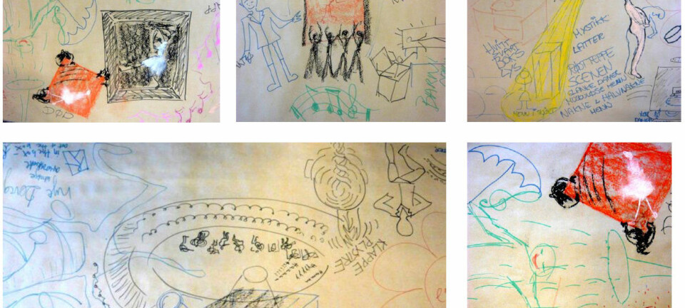 19 studenter fikk i oppgave å tegne hva de tenker og føler om det å gå i operaen, både før og etter en ballettoppvisning. Her er noen av resultatene etter besøket.  (Illustrasjon: HiOA)