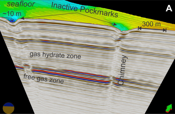 Kan du se de vertikale forstyrrelsene i lagene av sediment? Slik ser et seismisk bilde av en gasspipe ut. (Foto: (Illustrasjon: Andreia Plaza Faverola, CAGE)) Kan du se de vertikale forstyrrelsene i lagene av sediment? Slik ser et seismisk bilde av en gasspipe ut. (Foto: (Illustrasjon: Andreia Plaza Faverola, CAGE))