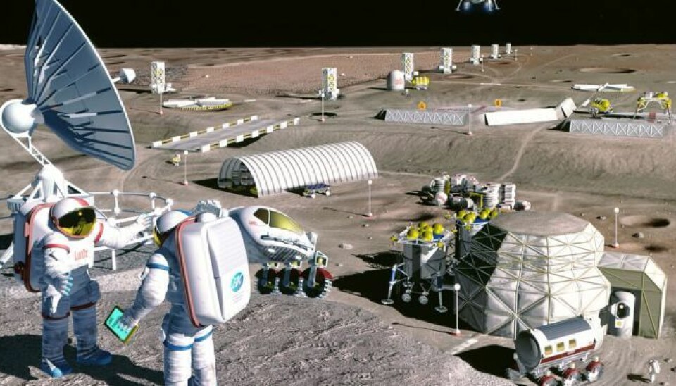 Hvordan vil kolonier i rommet se ut? I 1995 laget tegneren Pat Rawlings denne illustrasjonen for NASA for å visualisere en mulig fremtid med kolonier på månen.  (Grafikk: NASA/SAIC/Pat Rawlings)