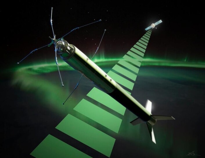 Den norske sonderaketten ICI-4 skytes opp mellom 9. til 22. februar 2015 fra Andøya, og skal forske på romvær. (Foto: (Illustrasjon: Trond Abrahamsen/Andøya Space Center)) Den norske sonderaketten ICI-4 skytes opp mellom 9. til 22. februar 2015 fra Andøya, og skal forske på romvær. (Foto: (Illustrasjon: Trond Abrahamsen/Andøya Space Center))