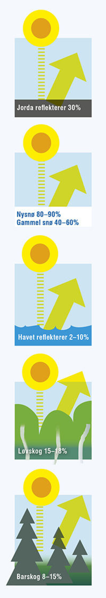 Lyse flater på jorda reflekterer mer av sollyset enn mørke flater. Jordkloden absorberer 70 prosent av sollyset. De resterende 30 prosentene reflekteres tilbake til verdensrommet. Løvskog reflekterer mer sollys enn barskog. Nysnø reflekterer mer sollys enn gammel snø. (Foto: (Illustrasjon: UiO)) Lyse flater på jorda reflekterer mer av sollyset enn mørke flater. Jordkloden absorberer 70 prosent av sollyset. De resterende 30 prosentene reflekteres tilbake til verdensrommet. Løvskog reflekterer mer sollys enn barskog. Nysnø reflekterer mer sollys enn gammel snø. (Foto: (Illustrasjon: UiO))