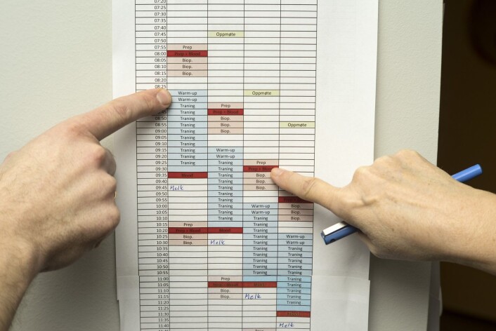 Intet er overlatt til tilfeldighetene. Alt forsøkspersonene foretar seg i styrkerommet noteres ned. (Foto: Lars Teppan Johansen) Intet er overlatt til tilfeldighetene. Alt forsøkspersonene foretar seg i styrkerommet noteres ned. (Foto: Lars Teppan Johansen)