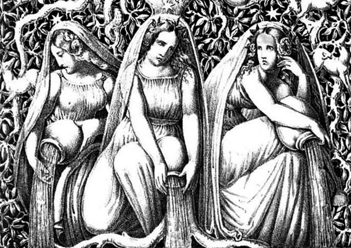 Urd, Verdande og Skuld er i nordisk mytologi et kollektiv av tre skjebnegudinner, også kalt norner. De sitter i Åsgård ved røttene til verdenstreet Yggdrasil. En av oppgavene deres er å helle hvit sand over treets røtter. (Foto: (Illustrasjon: Die Helden und Götter des Nordens, oder Das Buch der Sagen. G. Gropius)) Urd, Verdande og Skuld er i nordisk mytologi et kollektiv av tre skjebnegudinner, også kalt norner. De sitter i Åsgård ved røttene til verdenstreet Yggdrasil. En av oppgavene deres er å helle hvit sand over treets røtter. (Foto: (Illustrasjon: Die Helden und Götter des Nordens, oder Das Buch der Sagen. G. Gropius))