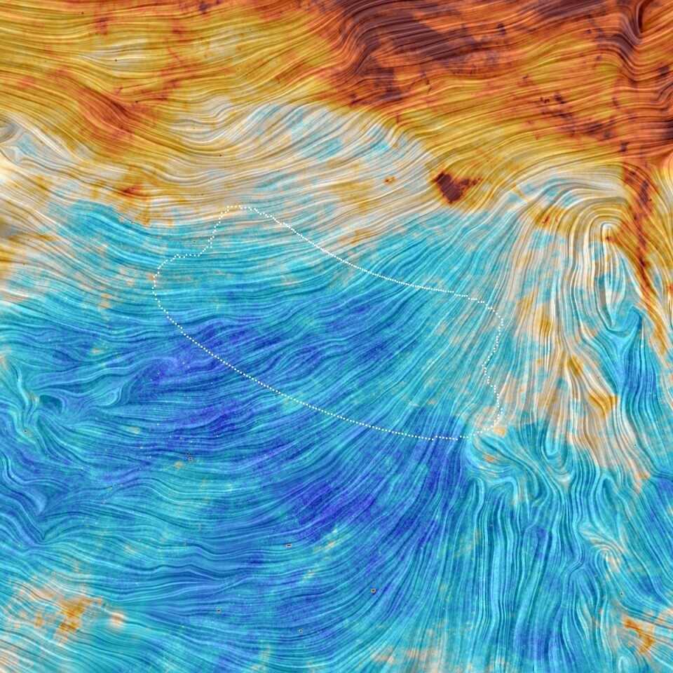 Plancks bilde av den delen av himmelen som BICEP2 dekket (stiplet linje) viser at området har en forgrunn av gass og støv (farge) som er polarisert (linjer) og vil derfor gi polarisasjonssignaler over mikrobølgebakgrunnen.  (Foto: ESA/Planck Collaboration)
