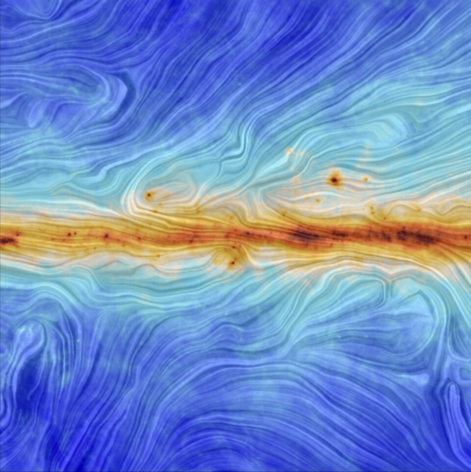 Fordelingen av interstellart støv og gass (farge) og polariseringen av dette (linjer) sett av romteleskopet Planck. (Foto: ESA/Planck Collaboration) Fordelingen av interstellart støv og gass (farge) og polariseringen av dette (linjer) sett av romteleskopet Planck. (Foto: ESA/Planck Collaboration)
