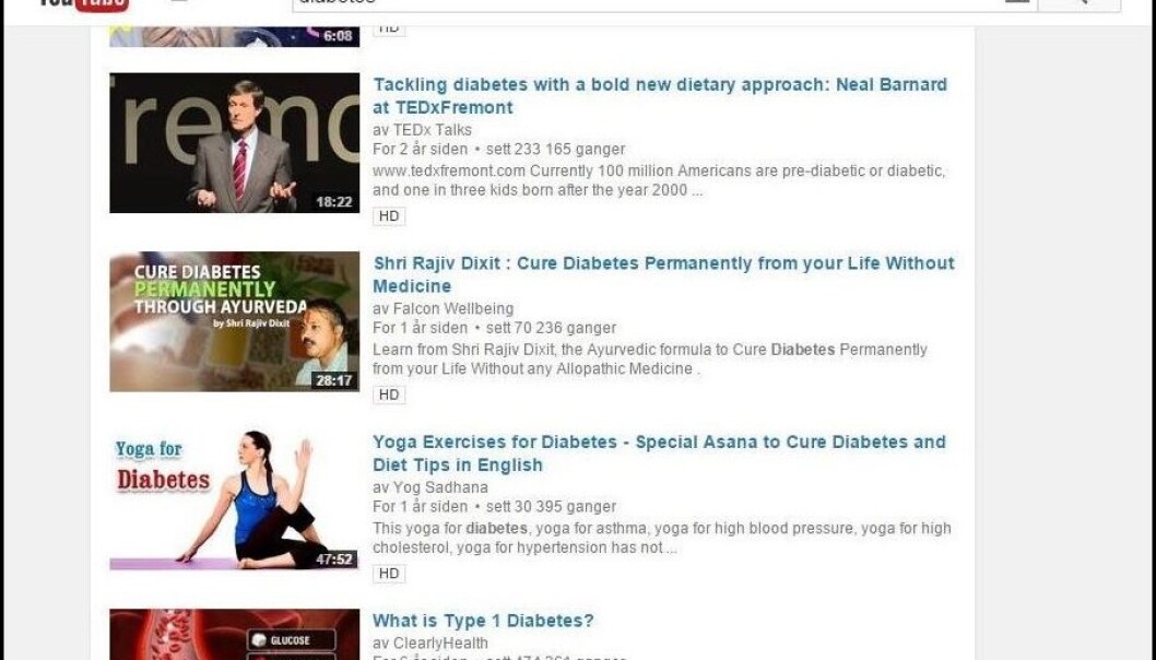 Hvordan skal du og jeg klare å se hvilke YouTube-videoer som er seriøse og hvilke som bare er humbug? (Skjermdump fra side 2 av YouTube-søk på «diabetes») Hvordan skal du og jeg klare å se hvilke YouTube-videoer som er seriøse og hvilke som bare er humbug? (Skjermdump fra side 2 av YouTube-søk på «diabetes»)