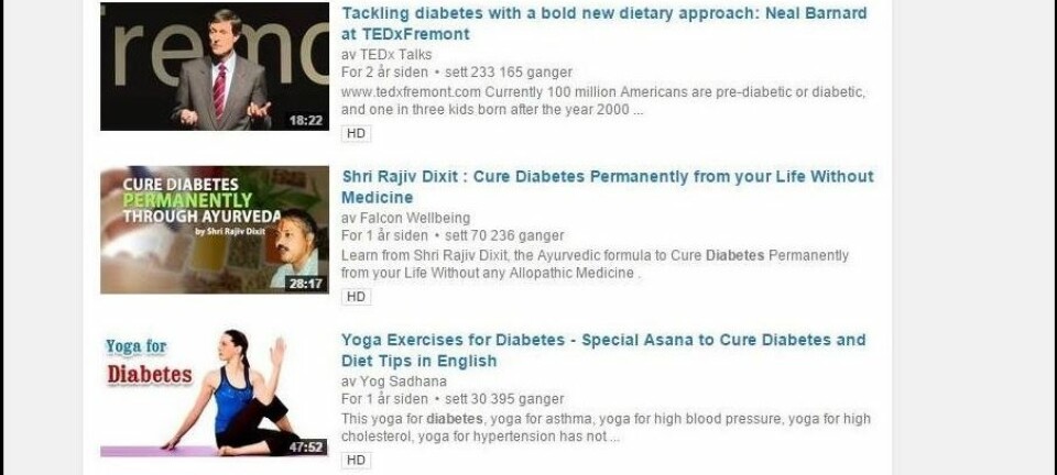 Hvordan skal du og jeg klare å se hvilke YouTube-videoer som er seriøse og hvilke som bare er humbug? (Skjermdump fra side 2 av YouTube-søk på «diabetes»)