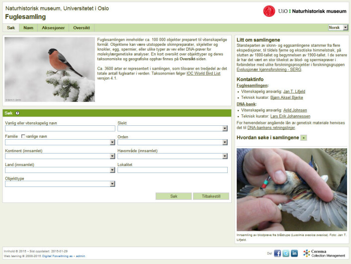 I databasen kan ein søkja mellom anna på navn, familie, innsamlingsstad og objekttype. (Foto: (Skjermdump frå Fuglesamlinga til Naturhistorisk museum)) I databasen kan ein søkja mellom anna på navn, familie, innsamlingsstad og objekttype. (Foto: (Skjermdump frå Fuglesamlinga til Naturhistorisk museum))