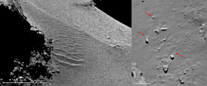 På 67P er det tydelige tegn på at gass fra kometens iskjerne har laget dyner og spor i støvlaget på overflaten. (Foto: ESA/Rosetta/MPS for OSIRIS Team MPS/UPD/LAM/IAA/SSO/INTA/UPM/DASP/IDA) På 67P er det tydelige tegn på at gass fra kometens iskjerne har laget dyner og spor i støvlaget på overflaten. (Foto: ESA/Rosetta/MPS for OSIRIS Team MPS/UPD/LAM/IAA/SSO/INTA/UPM/DASP/IDA)