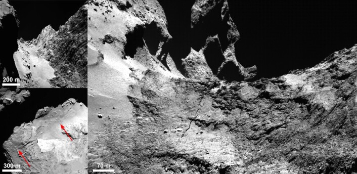 Den 500 meter lange sprekken i "nakken" på de to delene av kometen 67P. (Foto: ESA/Rosetta/MPS for OSIRIS Team MPS/UPD/LAM/IAA/SSO/INTA/UPM/DASP/IDA) Den 500 meter lange sprekken i "nakken" på de to delene av kometen 67P. (Foto: ESA/Rosetta/MPS for OSIRIS Team MPS/UPD/LAM/IAA/SSO/INTA/UPM/DASP/IDA)