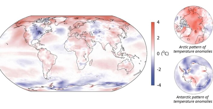 Temperatur (avvik fra normalen) for året 2014, i følge reanalysen fra ECMWF. Varmen i Arktis ble bedre dekket av de klassiske måleseriene enn kulden i Antarktis. (Bilde ECMWF) Temperatur (avvik fra normalen) for året 2014, i følge reanalysen fra ECMWF. Varmen i Arktis ble bedre dekket av de klassiske måleseriene enn kulden i Antarktis. (Bilde ECMWF)