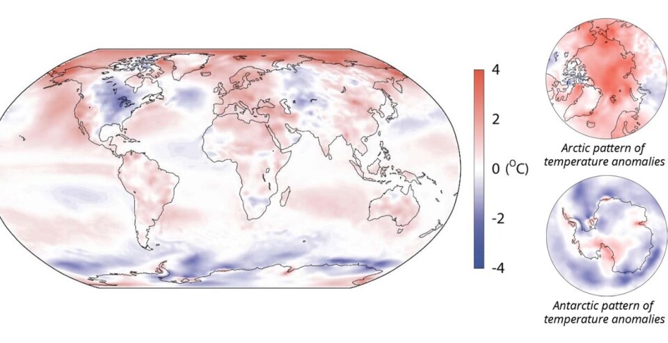Temperatur (avvik fra normalen) for året 2014, i følge reanalysen fra ECMWF. Varmen i Arktis ble bedre dekket av de klassiske måleseriene enn kulden i Antarktis. (Bilde ECMWF)