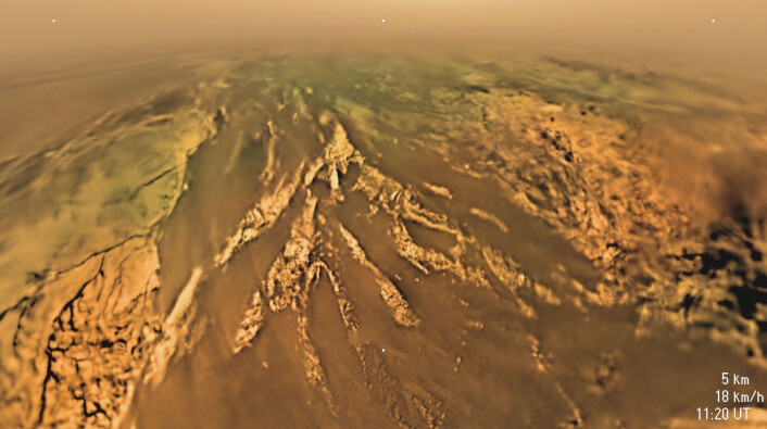 Fjell og elveleier på Titan sett av romsonden Huygens i 5 kilometers høyde. (Foto: ESA/NASA/JPL/University of Arizona) Fjell og elveleier på Titan sett av romsonden Huygens i 5 kilometers høyde. (Foto: ESA/NASA/JPL/University of Arizona)