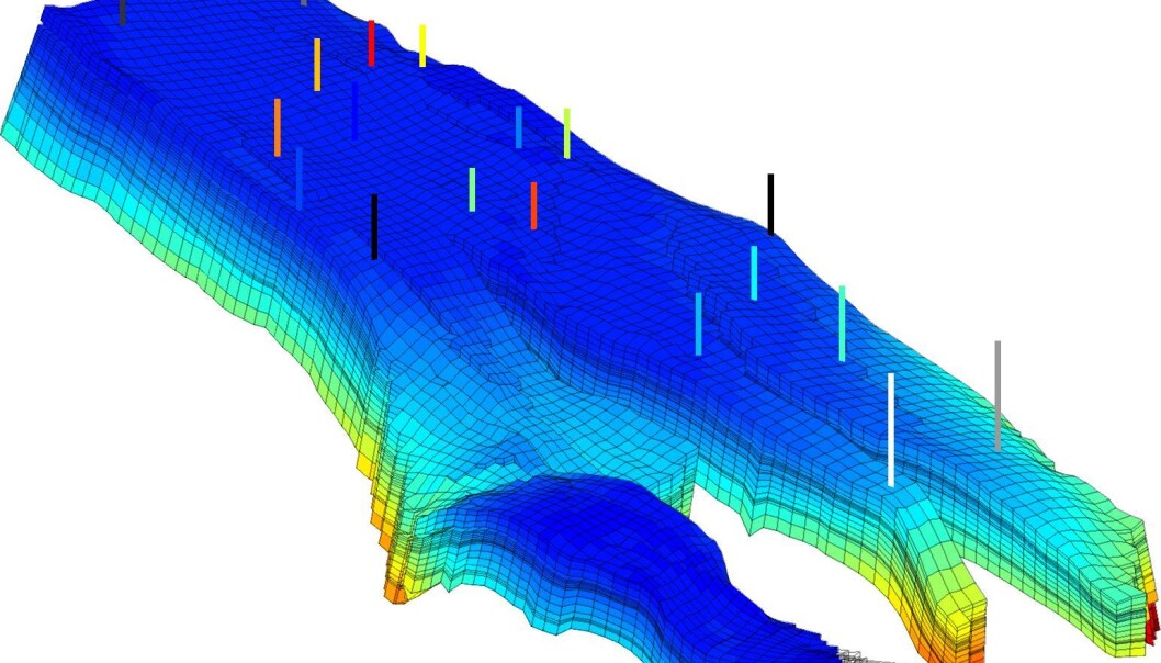 Simulering av trykkfordeling i Nornefeltet utenfor Helgeland. For å simulere utvinning av hydrokarboner, deler forskerne reservoaret inn i celler, og beskriver hvordan oljen flytter seg fra celle til celle. (Illustrasjon: Sintef) Simulering av trykkfordeling i Nornefeltet utenfor Helgeland. For å simulere utvinning av hydrokarboner, deler forskerne reservoaret inn i celler, og beskriver hvordan oljen flytter seg fra celle til celle. (Illustrasjon: Sintef)