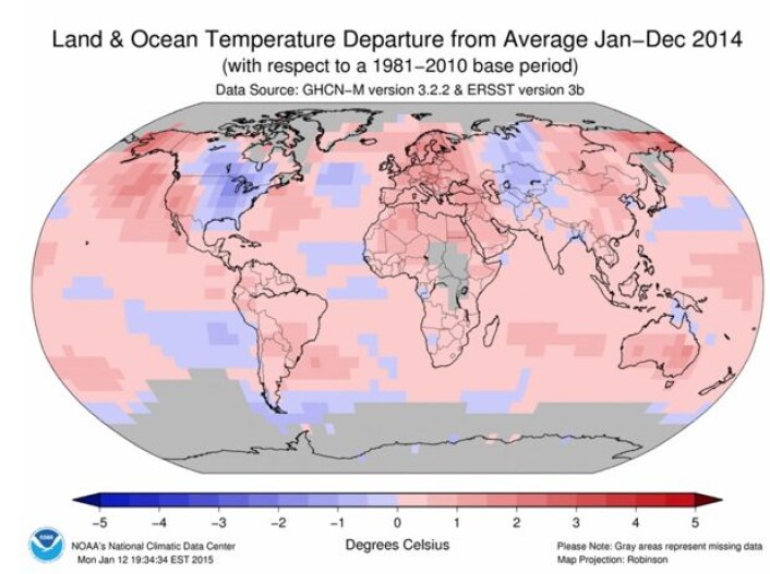 Slik var temperaturen i 2014 (avvik fra normalen), i følge NOAA. Det kom tunge bidrag til varmerekorden fra bl. a. Europa/Nord-Afrika, Nordøstlige Stillehavet, Alaska/Øst-Sibir, og Australia. (Bilde: NOAA) Slik var temperaturen i 2014 (avvik fra normalen), i følge NOAA. Det kom tunge bidrag til varmerekorden fra bl. a. Europa/Nord-Afrika, Nordøstlige Stillehavet, Alaska/Øst-Sibir, og Australia. (Bilde: NOAA)