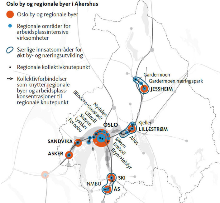 Slik ligger de nye regionbyene rundt Oslo. (Foto: (Kart: Plansamarbeidet Oslo-Akershus)) Slik ligger de nye regionbyene rundt Oslo. (Foto: (Kart: Plansamarbeidet Oslo-Akershus))