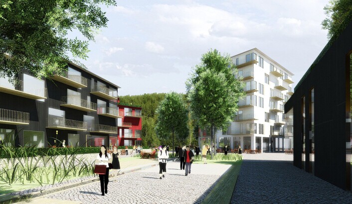 Få minutter før du kommer med toget til Ski, ligger Myrvoll. Her bygges nå en ny småby til 1700 mennesker, helt inntil jernbanen. For hver bolig blir det bare 0,8 bilplasser og store områder blir bilfrie. Det er bevisste valg. (Foto: (Illustrasjon: JBL/Hrtb arkitekter)) Få minutter før du kommer med toget til Ski, ligger Myrvoll. Her bygges nå en ny småby til 1700 mennesker, helt inntil jernbanen. For hver bolig blir det bare 0,8 bilplasser og store områder blir bilfrie. Det er bevisste valg. (Foto: (Illustrasjon: JBL/Hrtb arkitekter))