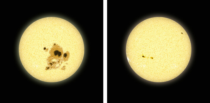 Vår egen stjerne, solen, har mørke flekker, kjent som solflekker, og det har også andre stjerner. Unge stjerner, som den til venstre på bildet, har flere mørke flekker enn de som er gamle (til høyre), og det gjør det lettere å bestemme rotasjonshastigheten på unge stjerner.  (Foto: David A. Aguilar CfA)