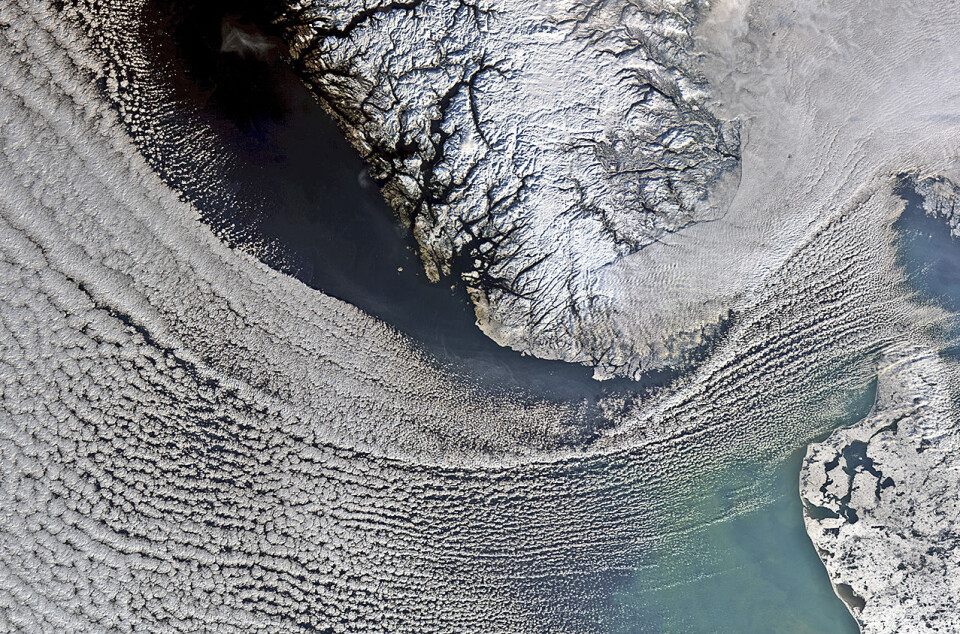 Et snødekket Sør-Norge og Nord-Jylland sett av ESAs satellitt Envisat, cirka 2010. (Foto: ESA)