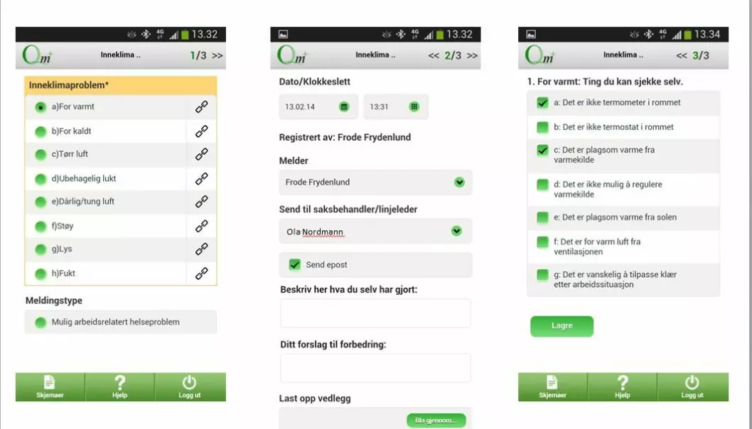 Den nyutviklede norske inneklima-appen gir brukerne forslag til ting de kan sjekke selv, hvis de finner deler av innemiljøet på jobben sjenerende. (Illustrasjon: Sintef)