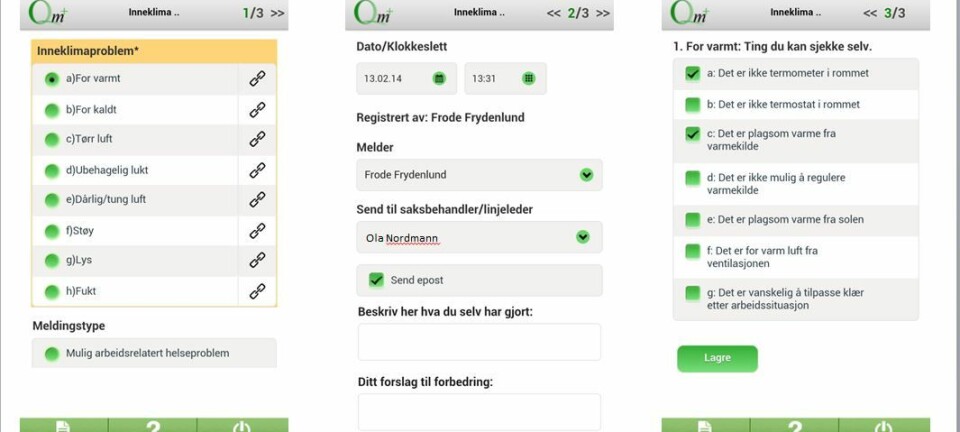 Den nyutviklede norske inneklima-appen gir brukerne forslag til ting de kan sjekke selv, hvis de finner deler av innemiljøet på jobben sjenerende. (Illustrasjon: Sintef)
