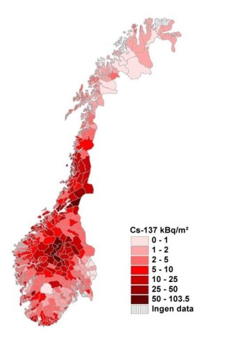 Kartet viser nedfall av cesium-137 (kilo becquerel per kvadratmeter) over Norge i 1986. Klikk på kartet for å se større versjon. (Foto: (Grafikk: Statens strålevern)) Kartet viser nedfall av cesium-137 (kilo becquerel per kvadratmeter) over Norge i 1986. Klikk på kartet for å se større versjon. (Foto: (Grafikk: Statens strålevern))