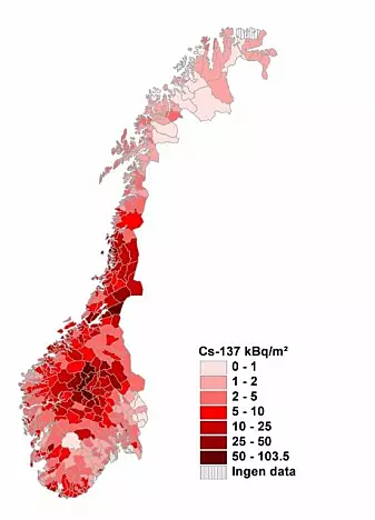 Kartet viser nedfall av cesium-137 (kilo becquerel per kvadratmeter) over Norge i 1986. Klikk på kartet for å se større versjon. (Foto: (Grafikk: Statens strålevern))