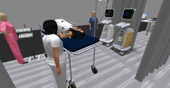 Oculus Rift kan brukes for å trene helsepersonell i å håndtere akuttsituasjoner. Programmet er under utvikling. (Foto: (Illustrasjon: Ekaterina Prasolova-Førland, NTNU)) Oculus Rift kan brukes for å trene helsepersonell i å håndtere akuttsituasjoner. Programmet er under utvikling. (Foto: (Illustrasjon: Ekaterina Prasolova-Førland, NTNU))